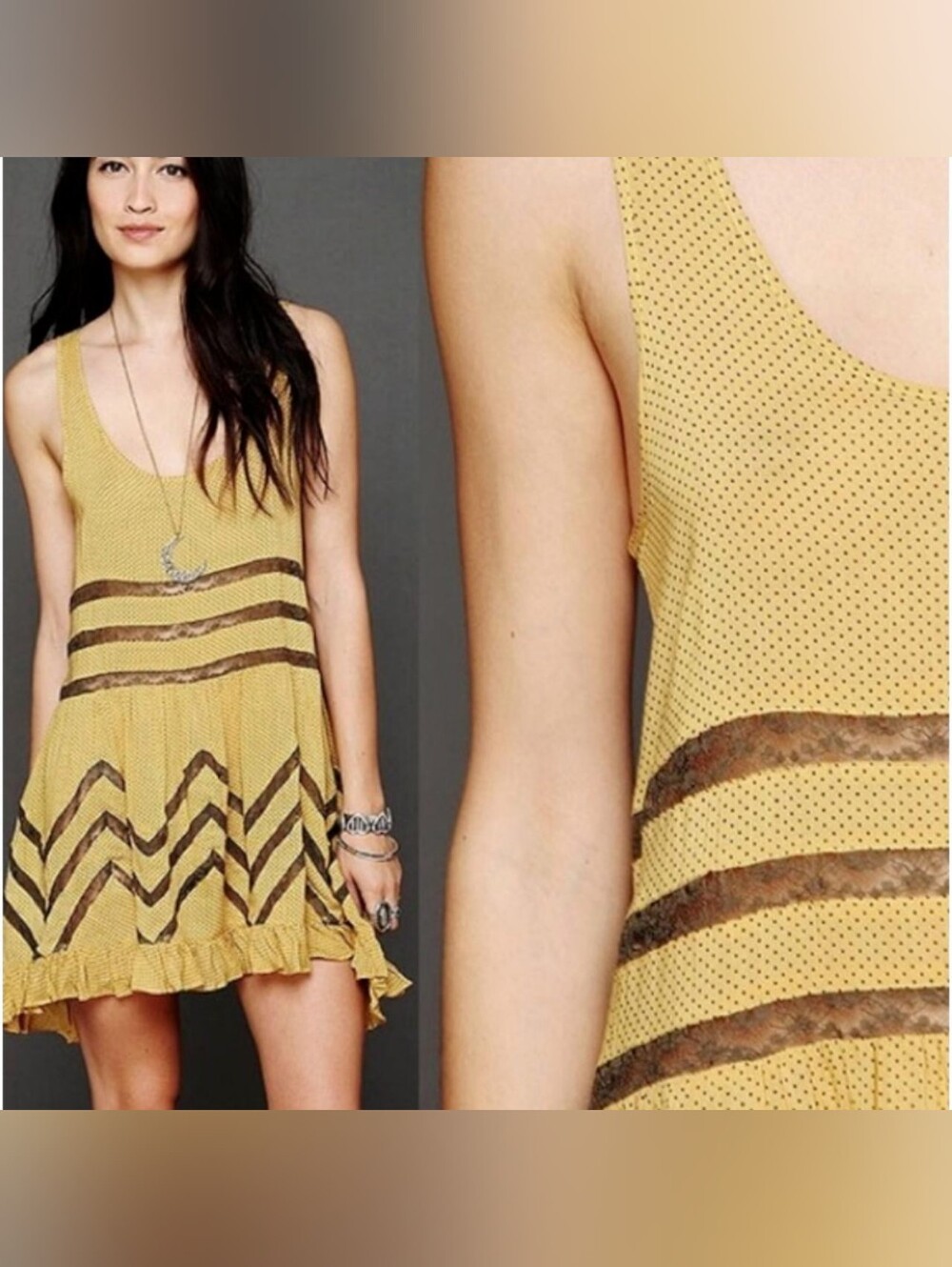 Free People Tiny Dot Voile & Lace Trapeze Swing Ruffled Mini Slip Dress